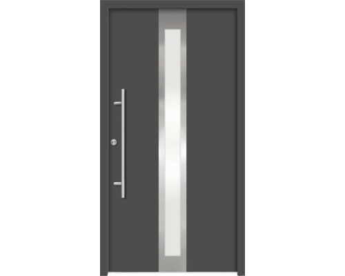 Graue Haustür mit Edelstahlgriff und Lichtausschnitt