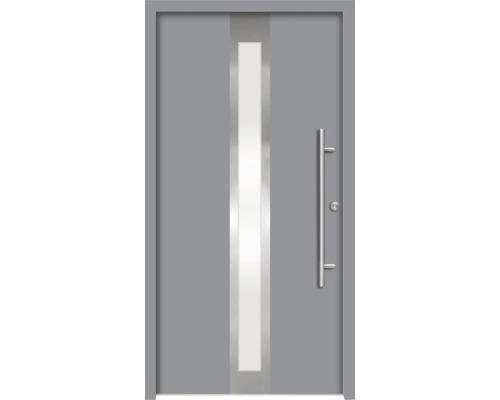 Porte d''entrée grise avec insert en verre et poignée