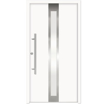 Porte d''entrée blanche avec poignée en acier inoxydable et insertion de verre