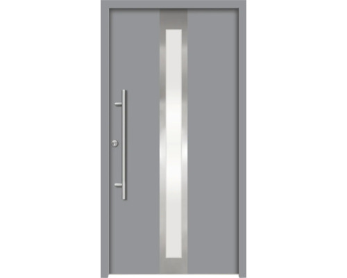 Porte d''entrée grise avec insert en verre et poignée
