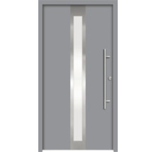 Porte d''entrée grise avec insert en verre et poignée en acier inoxydable
