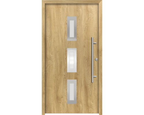 Holztür mit drei Glaseinsätzen und Edelstahlgriff