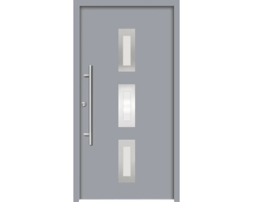 Graue Haustür mit drei rechteckigen Glaseinsätzen und einem silberfarbenen Griff.