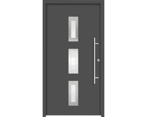 Graue Haustür mit drei Glaseinsätzen und Stangengriff