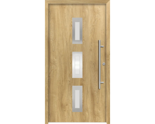 Splendoor Haustür ARTEMIS Aluminium 1100x2100 mm Eiche DIN Rechts (nach innen öffnend) RC 2 inkl. Beschlagset und Profilzylinder mit 3 Schlüssel Haustür mit drei Lichtausschnitten und Edelstahlgriff