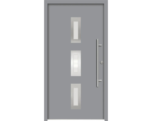 Porte d''entrée grise avec trois inserts en verre rectangulaires et une longue poignée de porte verticale.