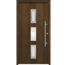 Porte d''entrée en bois avec trois panneaux de verre rectangulaires et une poignée verticale