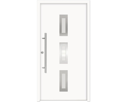 Splendoor Haustür ARTEMIS Aluminium 1100x2100 mm NCS S 0500-N Weiß DIN Links (nach innen öffnend) inkl. Beschlagset und Profilzylinder mit 6 Schlüssel Weiße Haustür mit drei rechteckigen Glaseinsätzen und einem silberfarbenen Türgriff.