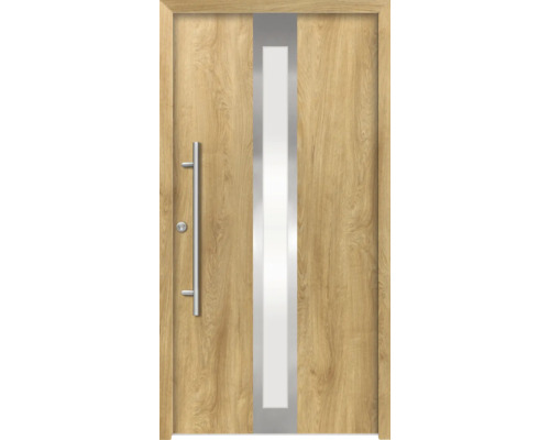 Haustür aus Holz mit Glaseinsatz und Edelstahlgriff