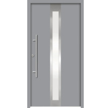 Graue Haustür mit Glaseinsatz und Edelstahlgriff