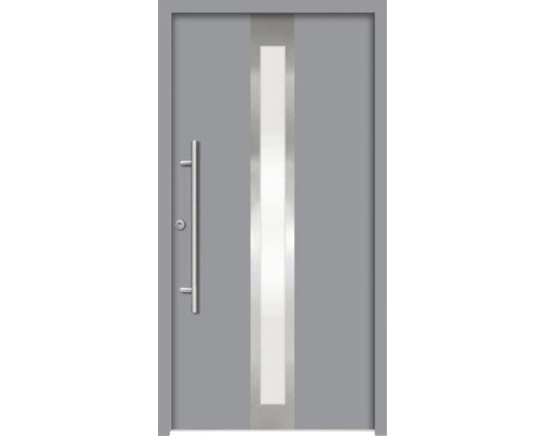 Graue Haustür mit Glaseinsatz und Edelstahlgriff