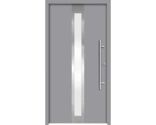 Graue Haustür mit Glaseinsatz und Edelstahlgriff
