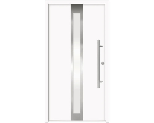 Splendoor porte d'entrée ATHENE aluminium 1100x2100 mm NCS S 0500-N blanc DIN gauche (ouvrant vers l'intérieur) RC 2 avec kit de ferrures et cylindre profilé avec 3 clés Porte d''entrée blanche avec insert en verre et poignée en acier inoxydable