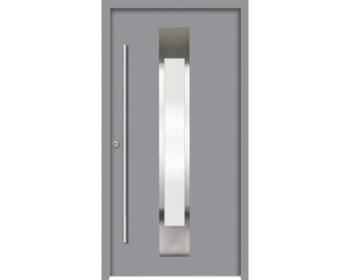 Graue Haustür mit Glaseinsatz und Griff