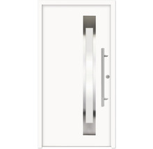 Weiße Haustür mit Glaseinsatz und Edelstahlgriff