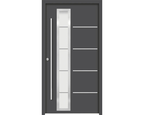 Graue Haustür mit Glaselement und Edelstahlgriff