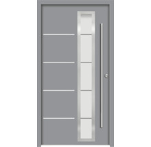 Porte d''entrée grise avec insert en verre et poignée en acier inoxydable