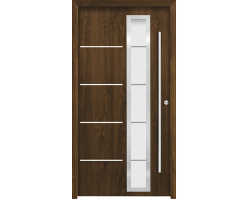 Haustür aus Holz mit Glaseinsatz und horizontalen Zierelementen