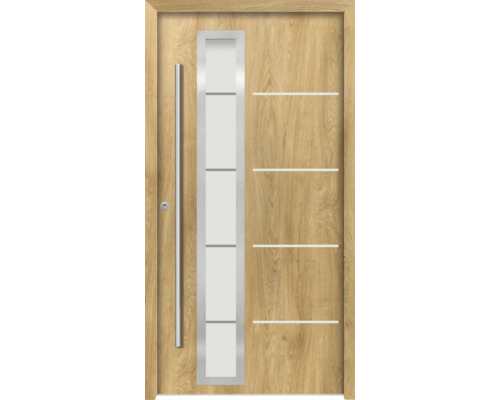 Holztür mit Glaseinsatz und Edelstahlgriffen