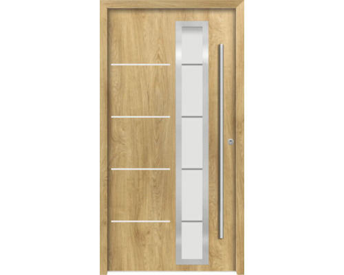 Splendoor Haustür DEMETER Aluminium 1000x2100 mm Eiche DIN Rechts (nach innen öffnend) RC 2 inkl. Beschlagset und Profilzylinder mit 3 Schlüssel Holztür mit Glaseinsatz und senkrechtem Griff