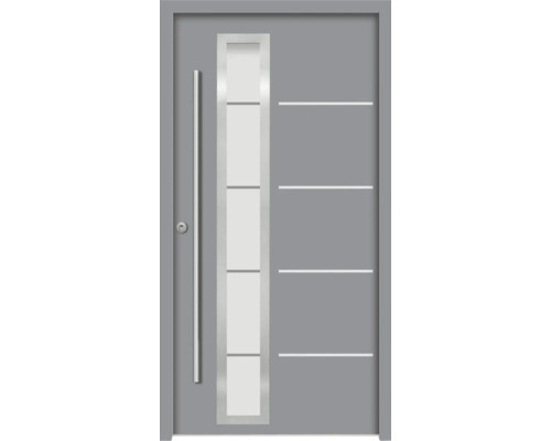 Graue Haustür mit Glaseinsatz und Edelstahlgriff