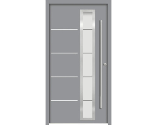 Splendoor porte d'entrée DEMETER aluminium 1000x2100 mm NCS S 6502-B (gris) DIN droite (ouvrant vers l'intérieur) RC 2 avec kit de ferrures et cylindre profilé avec 3 clés Porte d''entrée grise avec insert en verre et éléments décoratifs horizontaux.