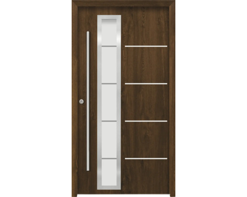 Holztür mit Glaseinsatz und horizontalen Zierlinien