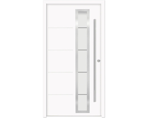 Porte d''entrée blanche avec insert en verre et poignée barre