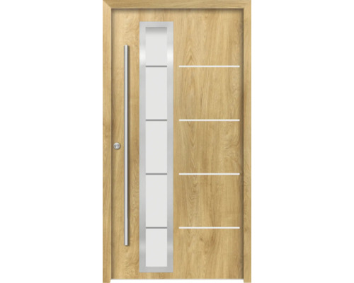 Holztür mit Glaseinsatz und Edelstahlgriff