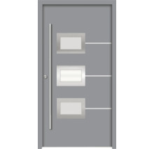 Porte d''entrée grise avec panneaux de verre rectangulaires et poignée