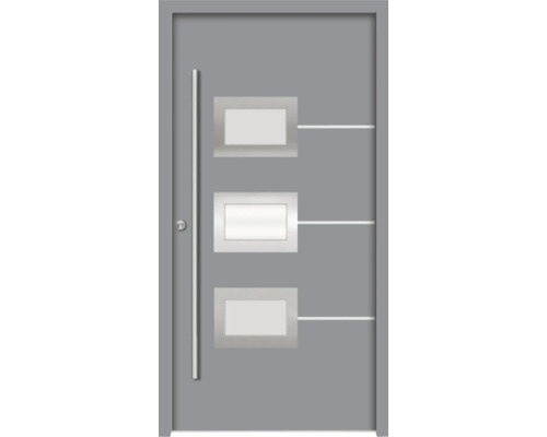 Porte d''entrée grise avec panneaux de verre rectangulaires et poignée