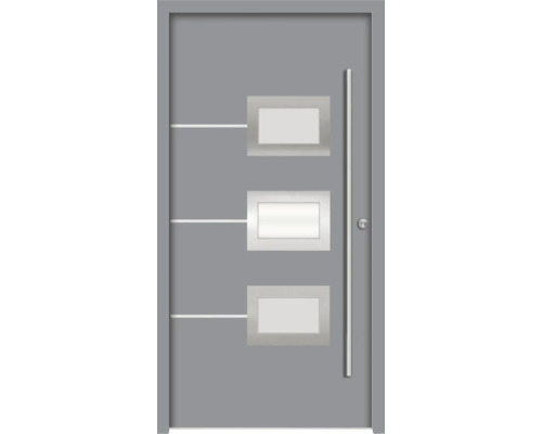 Splendoor Haustür HERA Aluminium 1100x2100 mm NCS S 6502-B (Grau) DIN Links (nach innen öffnend) inkl. Beschlagset und Profilzylinder mit 6 Schlüssel Graue Haustür mit drei rechteckigen, gläsernen Einsätzen und einem vertikalen Griff
