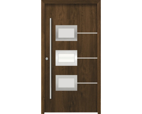 Splendoor porte d'entrée HERA aluminium 1000x2100 mm noyer DIN droite (ouvrant vers l'intérieur) avec kit de ferrures et cylindre profilé avec 6 clés Porte en bois avec trois fenêtres rectangulaires et poignée