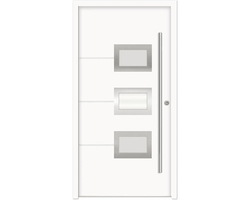 Splendoor Haustür HERA Aluminium 1100x2100 mm NCS S 0500-N Weiß DIN Rechts (nach innen öffnend) RC 2 inkl. Beschlagset und Profilzylinder mit 3 Schlüssel Weiße Haustür mit drei rechteckigen Lichtausschnitten und einem vertikalen Griff