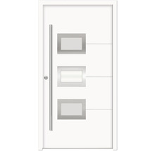 Porte d''entrée blanche avec trois fenêtres rectangulaires et une poignée