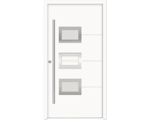 Porte d''entrée blanche avec trois fenêtres rectangulaires et une poignée