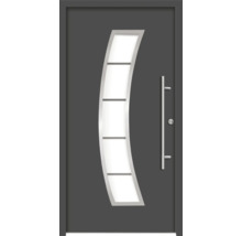 Graue Haustür mit Glaseinsatz und Edelstahlgriff