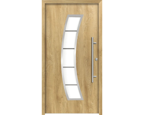 Haustür mit Holzdekor und Glaseinsatz
