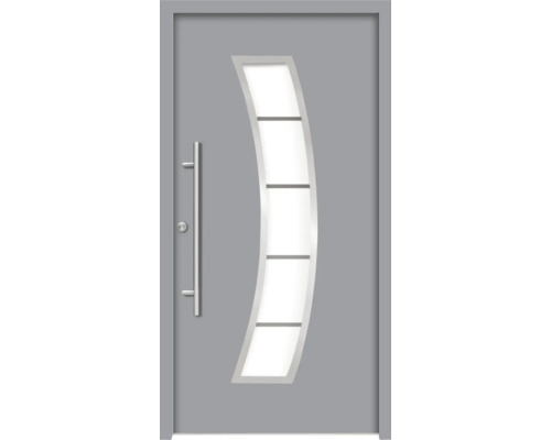 Graue Haustür mit Glaseinsatz und Edelstahlgriff