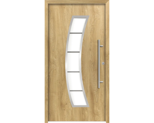 Splendoor Haustür HERMES Aluminium 1100x2100 mm Eiche DIN Rechts (nach innen öffnend) RC 2 inkl. Beschlagset und Profilzylinder mit 3 Schlüssel Außentür mit Glaseinsatz und Griff
