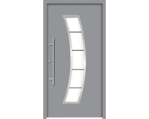 Graue Haustür mit Glaseinsatz und Edelstahlgriff
