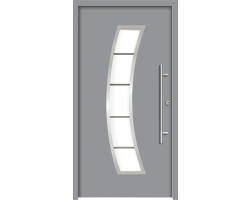 Porte d''entrée grise avec insert en verre et poignée
