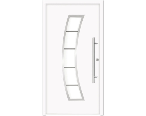 Porte d''entrée blanche avec insert en verre et poignée en acier inoxydable