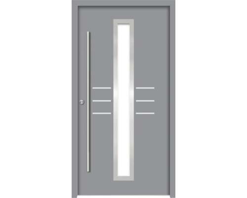 Graue Haustür mit Glaseinsatz und geradem Griff