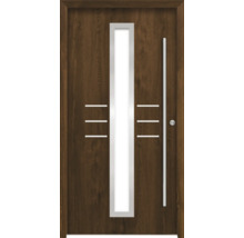 Porte d''entrée avec insert en verre, poignée et éléments décoratifs horizontaux