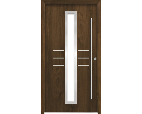 Porte d''entrée avec insert en verre, poignée et éléments décoratifs horizontaux