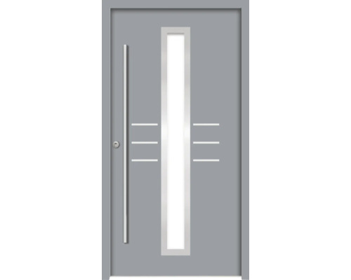 Graue Haustür mit Glasausschnitt und Griff