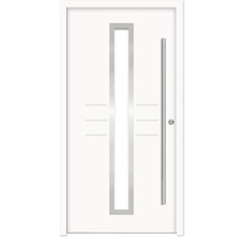 Porte d''entrée blanche avec insert en verre, poignée et lignes horizontales