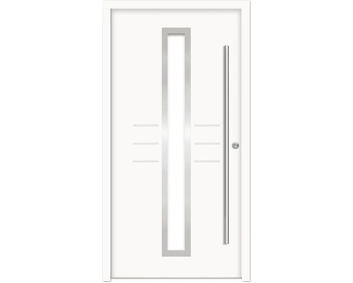 Porte d''entrée blanche avec insert en verre, poignée et lignes horizontales