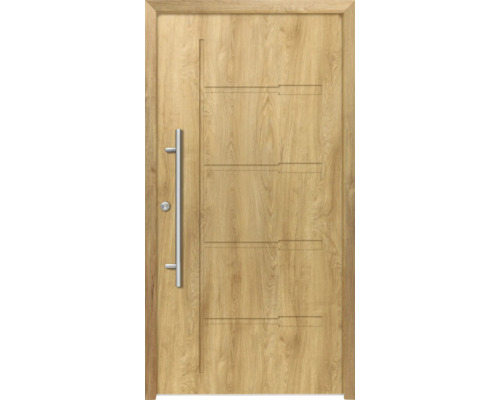 Splendoor Haustür ZEUS Aluminium 1100x2100 mm Eiche DIN Links (nach innen öffnend) inkl. Beschlagset und Profilzylinder mit 6 Schlüssel Holztür mit Metallgriff und horizontalen Zierelementen